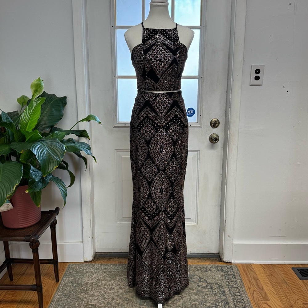 Speechless Black and Rose Gold/Pink Glitter Geometric Pattern 2 pc Dress Size 3